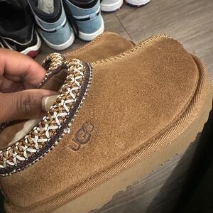 UGG Tan Suede Slip-Ons with Woven Trim